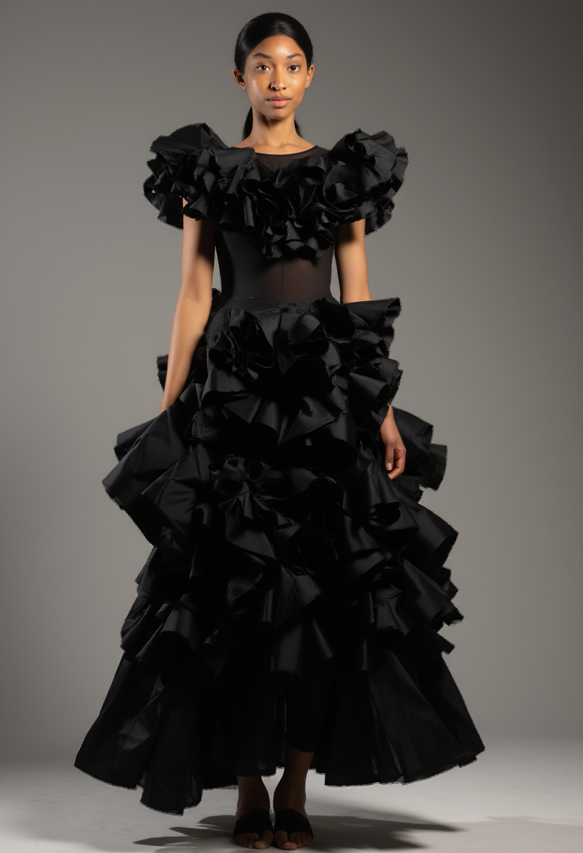 PR_STYLE LoRA output: dark organza gown with sculptural ruffle collar and full skirt